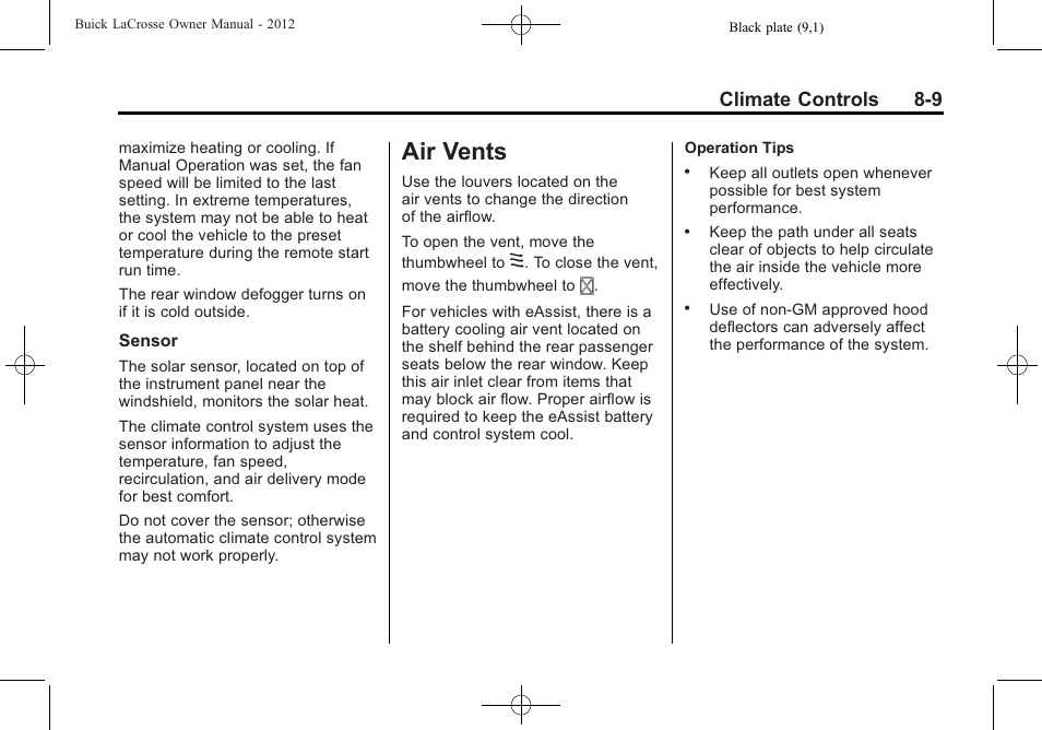 Air vents, Air vents -9, Climate controls 8-9 | Buick 2012 LaCrosse User Manual | Page 265 / 496