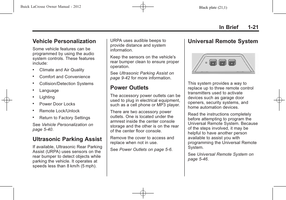 Vehicle personalization, Ultrasonic parking assist, Power outlets | Universal remote system | Buick 2012 LaCrosse User Manual | Page 27 / 496