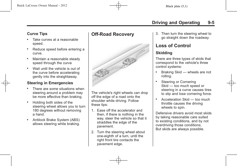 Off-road recovery, Loss of control, Off-road recovery -5 loss of control -5 | Driving and operating 9-5 | Buick 2012 LaCrosse User Manual | Page 271 / 496