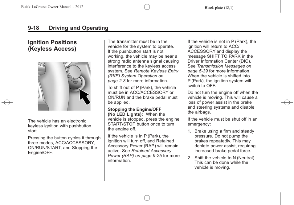 Ignition positions (keyless access), Ignition positions, Keyless access) -18 | 18 driving and operating | Buick 2012 LaCrosse User Manual | Page 284 / 496