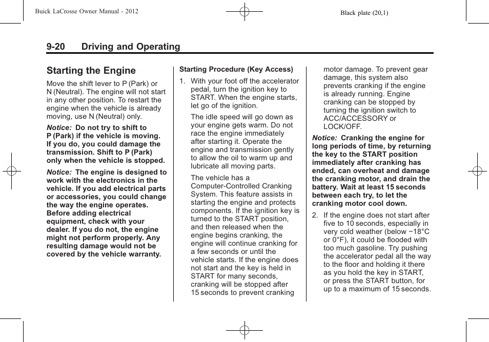 Starting the engine, Starting the engine -20, 20 driving and operating | Buick 2012 LaCrosse User Manual | Page 286 / 496