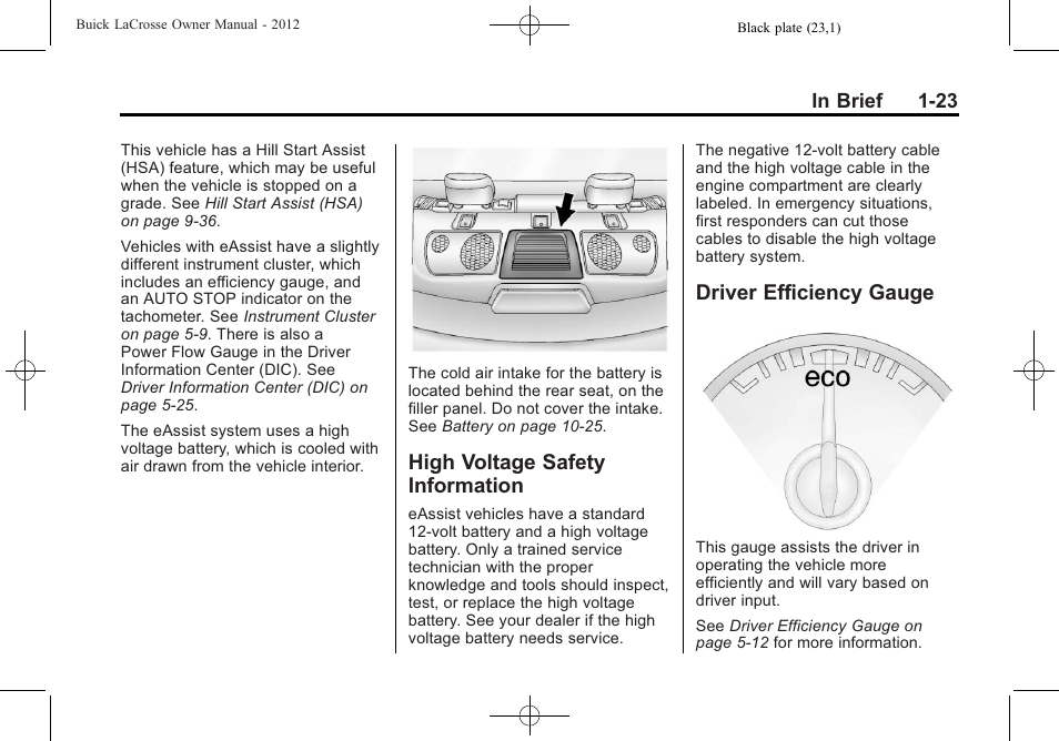 High voltage safety information, Driver efficiency gauge, High voltage safety | Driver efficiency gauge -23 | Buick 2012 LaCrosse User Manual | Page 29 / 496