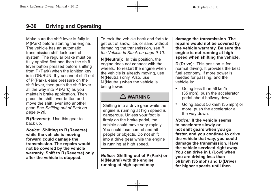 30 driving and operating | Buick 2012 LaCrosse User Manual | Page 296 / 496