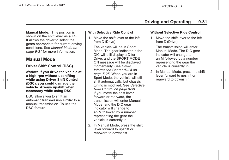 Manual mode, Manual mode -31, Driving and operating 9-31 | Buick 2012 LaCrosse User Manual | Page 297 / 496
