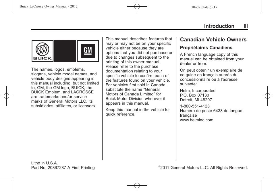 Introduction, Canadian vehicle owners, Introduction iii | Buick 2012 LaCrosse User Manual | Page 3 / 496