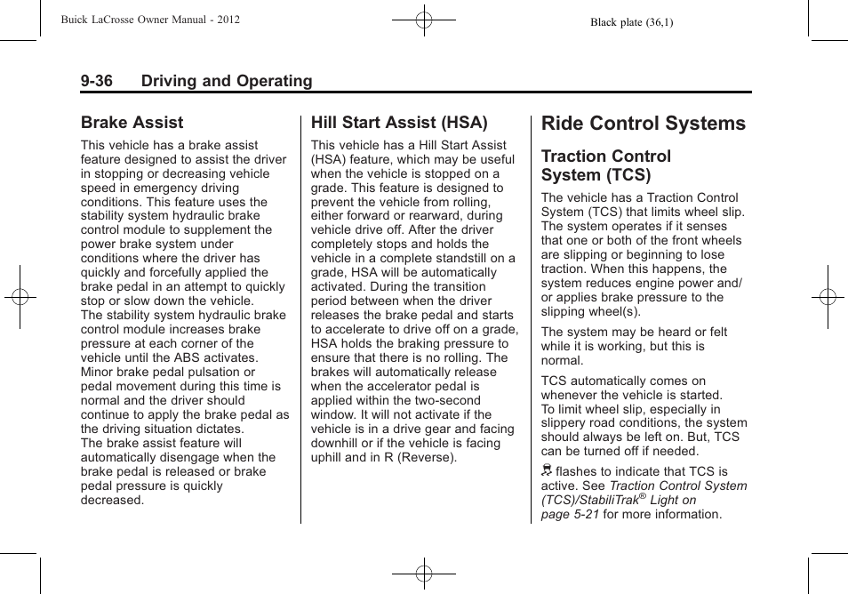 Brake assist, Hill start assist (hsa), Ride control systems | Traction control system (tcs), Ride control systems -36, Service, Brake assist -36 hill start assist (hsa) -36, Traction control, System (tcs) -36 | Buick 2012 LaCrosse User Manual | Page 302 / 496