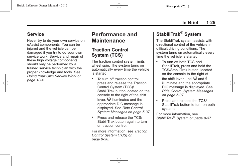 Service, Performance and maintenance, Traction control system (tcs) | Stabilitrak® system, Performance and, Maintenance -25, Additional storage, Service -25, Raction control, System (tcs) -25 | Buick 2012 LaCrosse User Manual | Page 31 / 496
