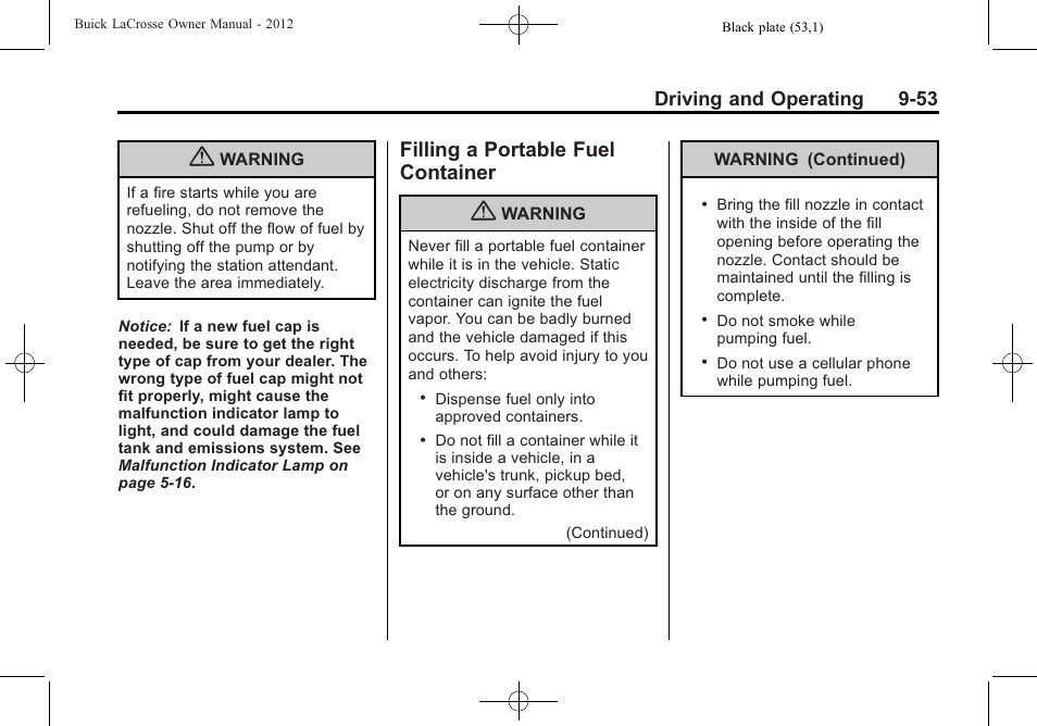 Filling a portable fuel container, Filling a portable fuel, Container -53 | Driving and operating 9-53 | Buick 2012 LaCrosse User Manual | Page 319 / 496