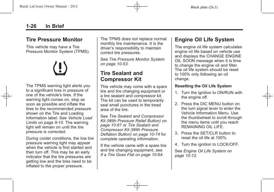 Tire pressure monitor, Tire sealant and compressor kit, Engine oil life system | Tire pressure monitor -26 tire sealant and, Compressor kit -26, Engine oil life system -26 | Buick 2012 LaCrosse User Manual | Page 32 / 496