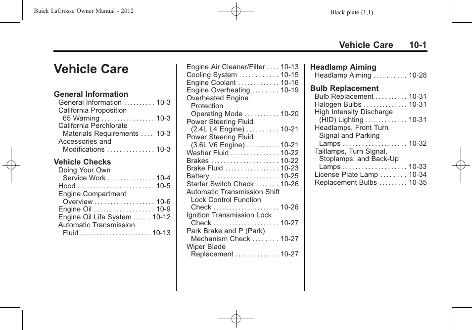Vehicle care, Vehicle care -1, Vehicle care 10-1 | Buick 2012 LaCrosse User Manual | Page 327 / 496