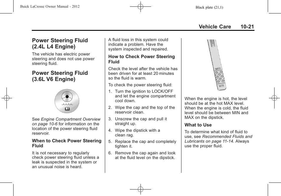 Power steering fluid (2.4l l4 engine), Power steering fluid (3.6l v6 engine), Power steering fluid | 4l l4 engine) -21, 6l v6 engine) -21, Lamps | Buick 2012 LaCrosse User Manual | Page 347 / 496