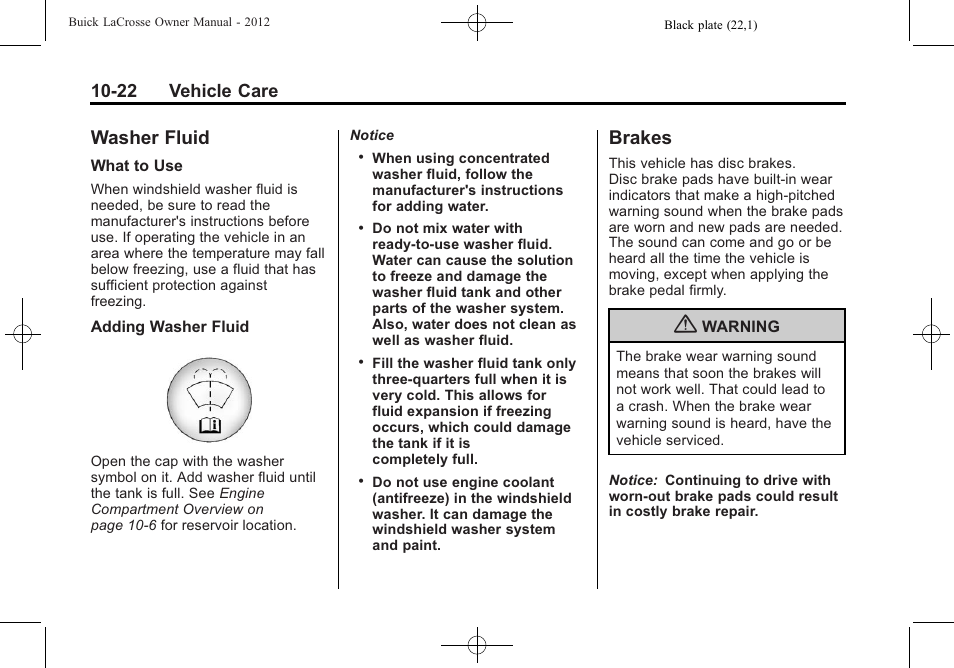 Washer fluid, Brakes, Washer fluid -22 brakes -22 | Stoplamps, 22 vehicle care | Buick 2012 LaCrosse User Manual | Page 348 / 496