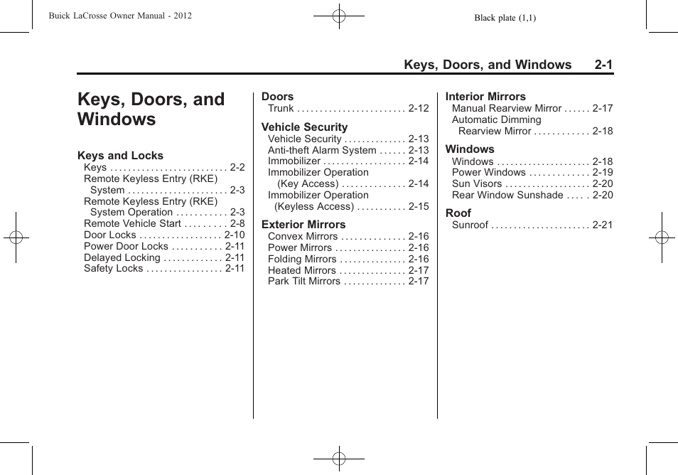 Keys, doors, and windows, Keys, doors, and, Windows -1 | Buick 2012 LaCrosse User Manual | Page 35 / 496