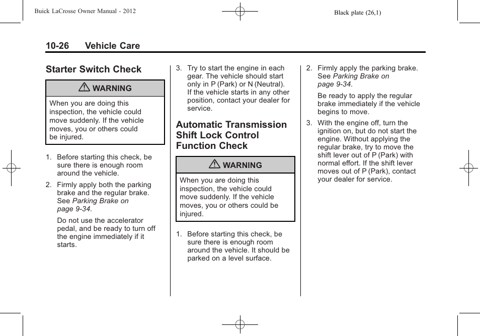 Starter switch check, Lock control function | Buick 2012 LaCrosse User Manual | Page 352 / 496