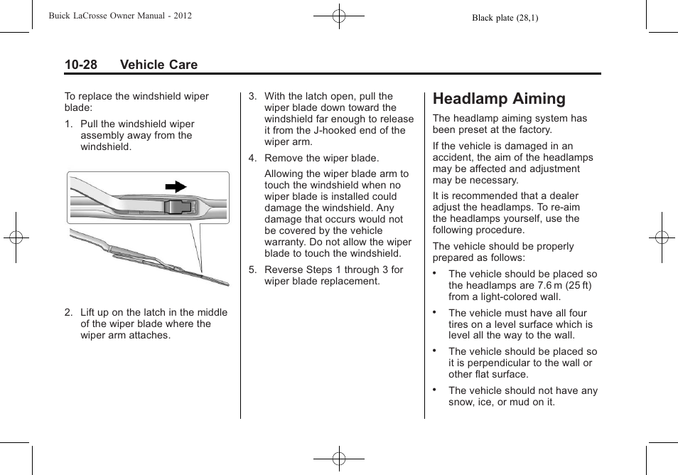 Headlamp aiming, Headlamp aiming -28, 28 vehicle care | Buick 2012 LaCrosse User Manual | Page 354 / 496