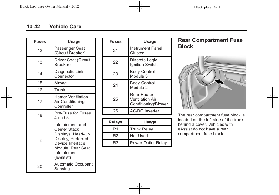 Rear compartment fuse block, Rear compartment, Fuse block -42 | 42 vehicle care | Buick 2012 LaCrosse User Manual | Page 368 / 496