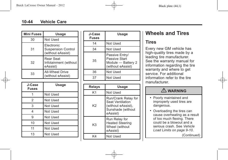 Wheels and tires, Tires, Wheels and tires -44 | Vehicle data -2, Tires -44, 44 vehicle care | Buick 2012 LaCrosse User Manual | Page 370 / 496