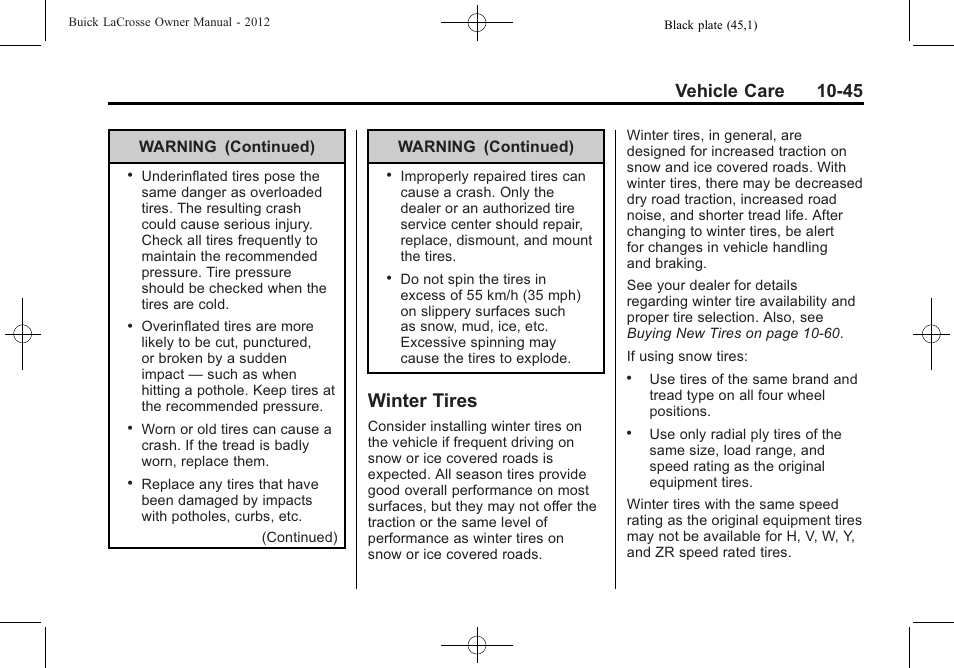 Winter tires, Winter tires -45, Vehicle care 10-45 | Buick 2012 LaCrosse User Manual | Page 371 / 496