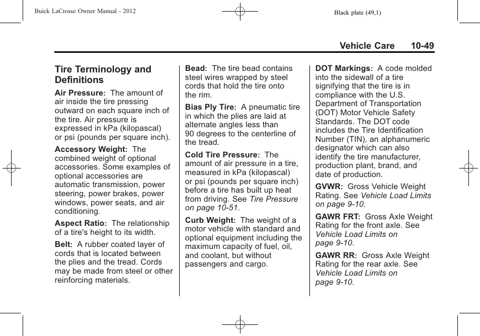 Tire terminology and definitions, Tire terminology and, Definitions -49 | Buick 2012 LaCrosse User Manual | Page 375 / 496