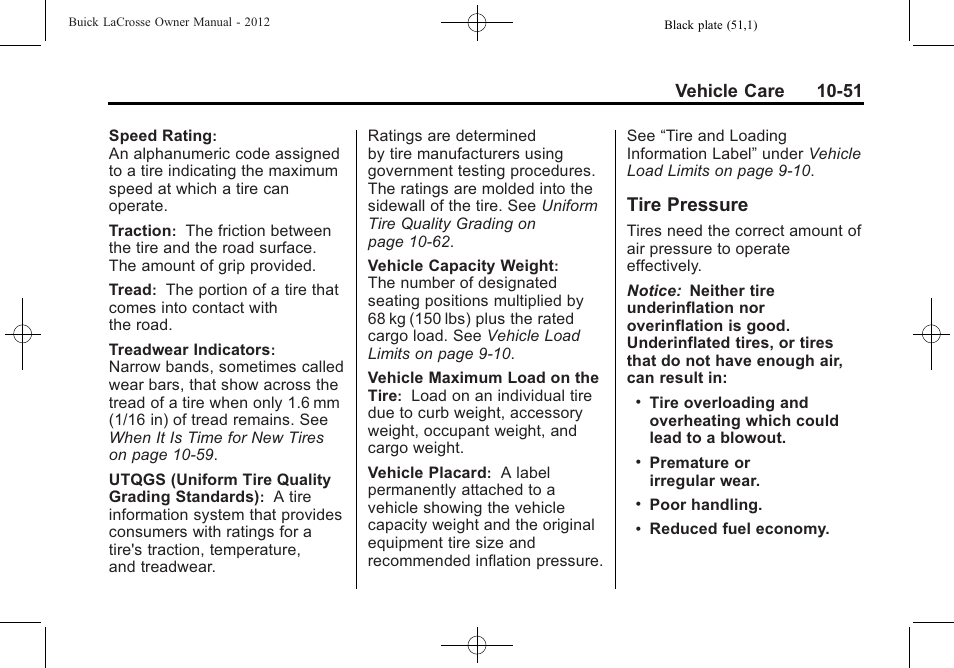 Tire pressure, Tire pressure -51, Vehicle care 10-51 | Buick 2012 LaCrosse User Manual | Page 377 / 496