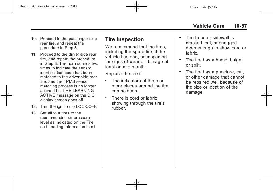 Tire inspection, Tire inspection -57, Vehicle care 10-57 | Buick 2012 LaCrosse User Manual | Page 383 / 496