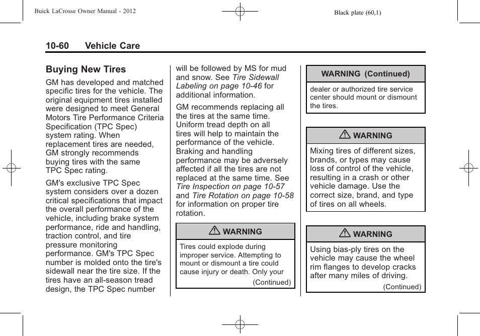Buying new tires, New tires -60 | Buick 2012 LaCrosse User Manual | Page 386 / 496