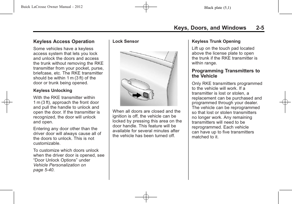 Keys, doors, and windows 2-5 | Buick 2012 LaCrosse User Manual | Page 39 / 496