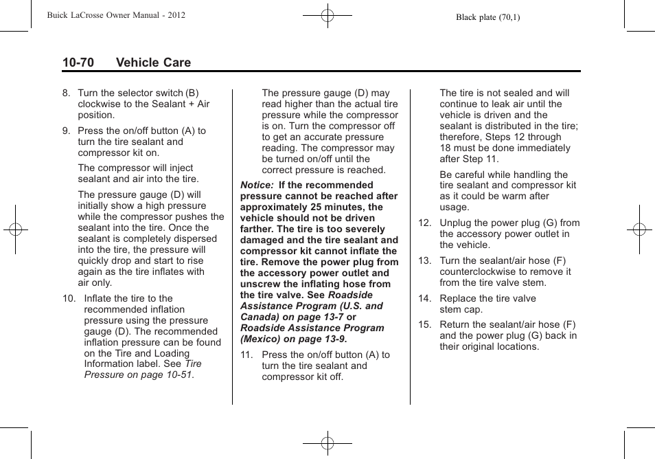 70 vehicle care | Buick 2012 LaCrosse User Manual | Page 396 / 496