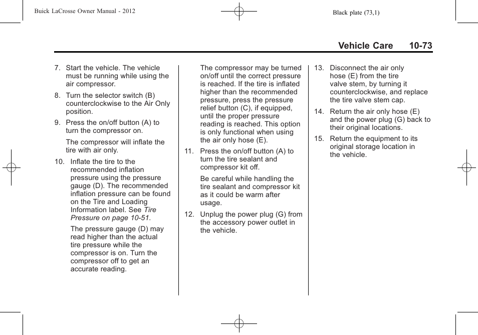 Vehicle care 10-73 | Buick 2012 LaCrosse User Manual | Page 399 / 496
