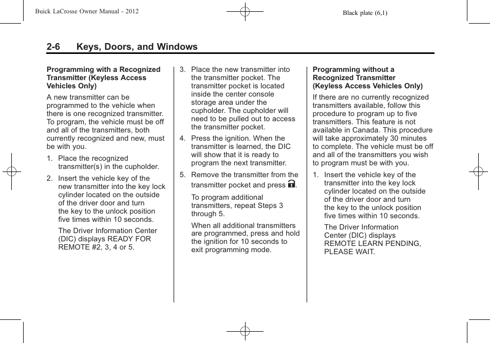 6 keys, doors, and windows | Buick 2012 LaCrosse User Manual | Page 40 / 496