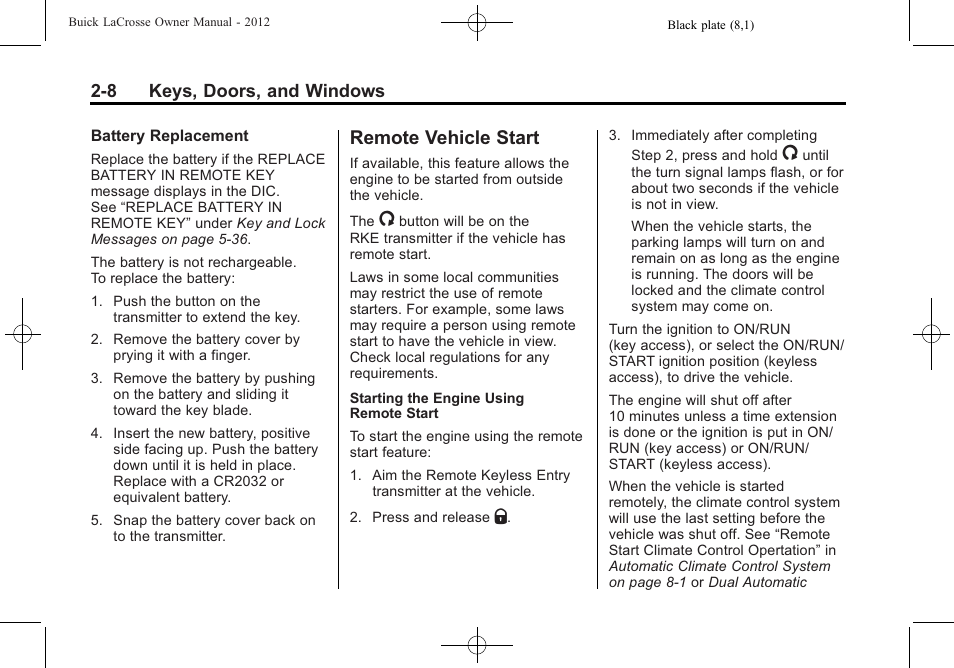 Remote vehicle start, Remote vehicle start -8 | Buick 2012 LaCrosse User Manual | Page 42 / 496