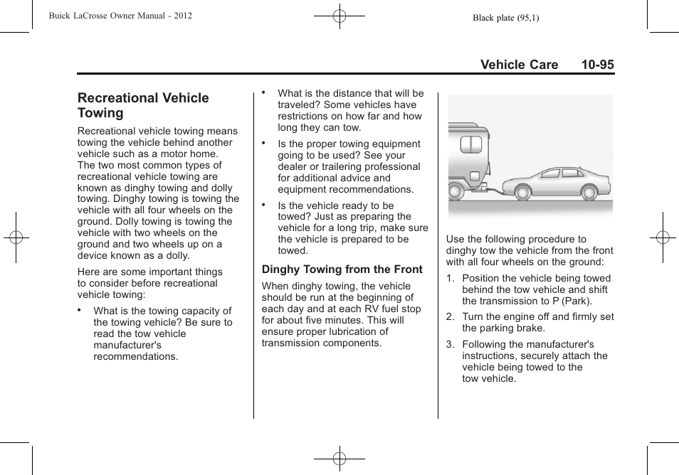 Recreational vehicle towing, Vehicle, Towing -95 | Vehicle care 10-95 | Buick 2012 LaCrosse User Manual | Page 421 / 496