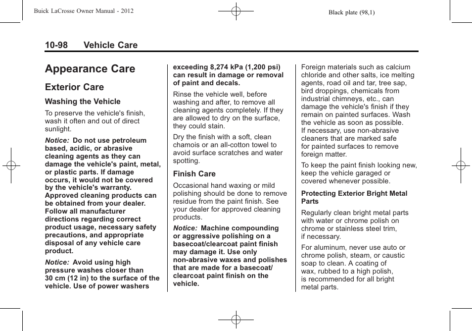 Appearance care, Exterior care, Appearance care -98 | Exterior care -98 | Buick 2012 LaCrosse User Manual | Page 424 / 496