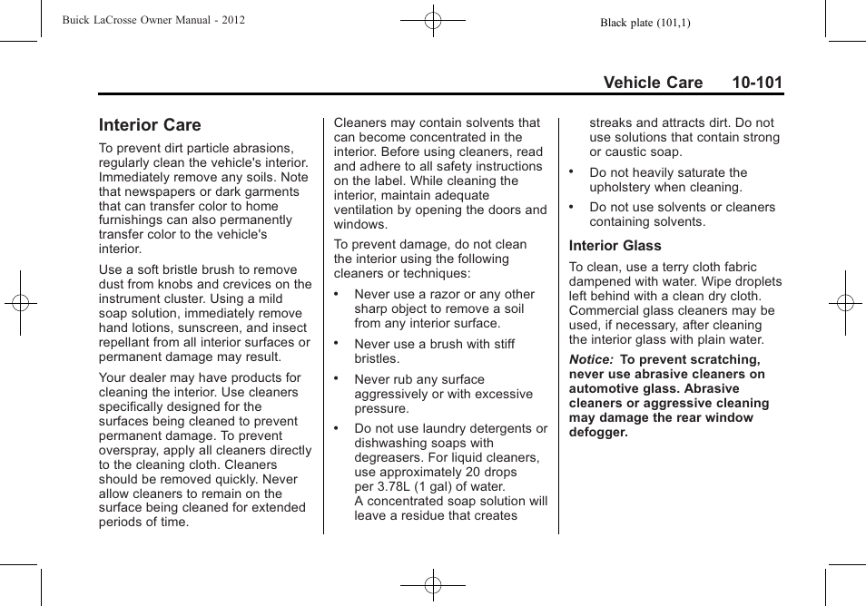 Interior care, Interior care -101 | Buick 2012 LaCrosse User Manual | Page 427 / 496