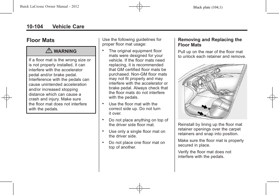 Floor mats, Floor mats -104, 104 vehicle care | Buick 2012 LaCrosse User Manual | Page 430 / 496