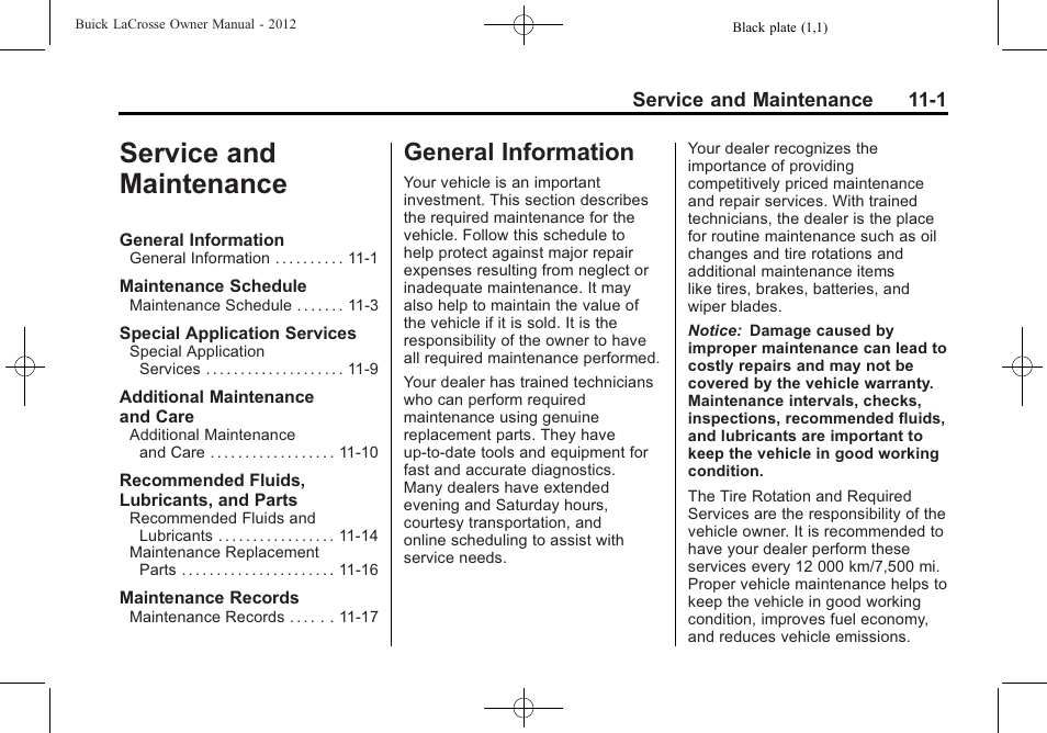 Service and maintenance, General information, And maintenance -1 | General information -1 | Buick 2012 LaCrosse User Manual | Page 431 / 496