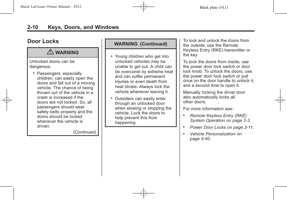 Door locks, Door locks -10, 10 keys, doors, and windows | Buick 2012 LaCrosse User Manual | Page 44 / 496