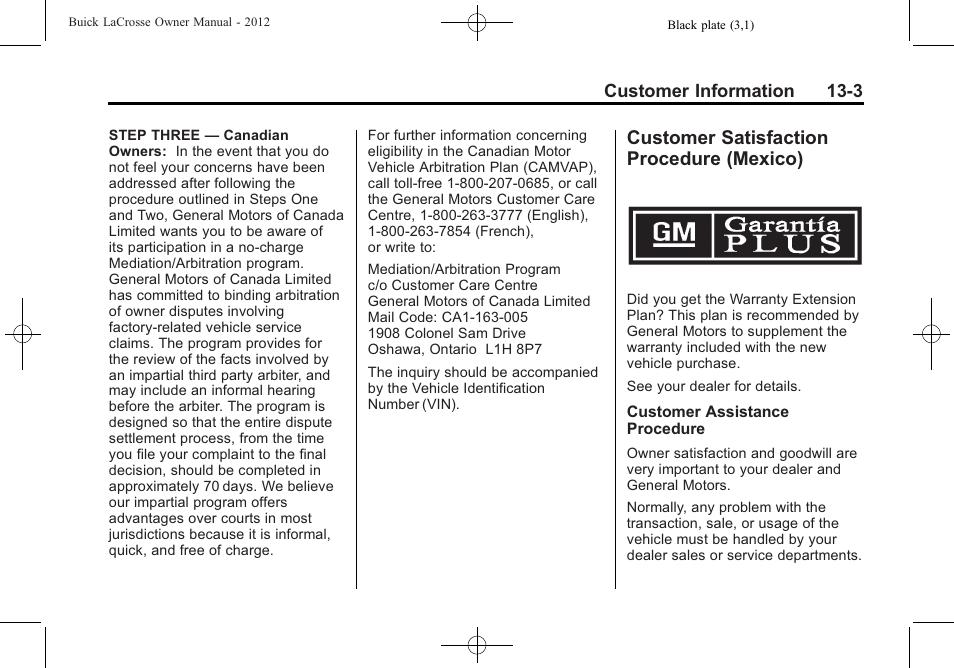 Customer satisfaction procedure (mexico), Customer satisfaction, Procedure (mexico) -3 | Buick 2012 LaCrosse User Manual | Page 457 / 496