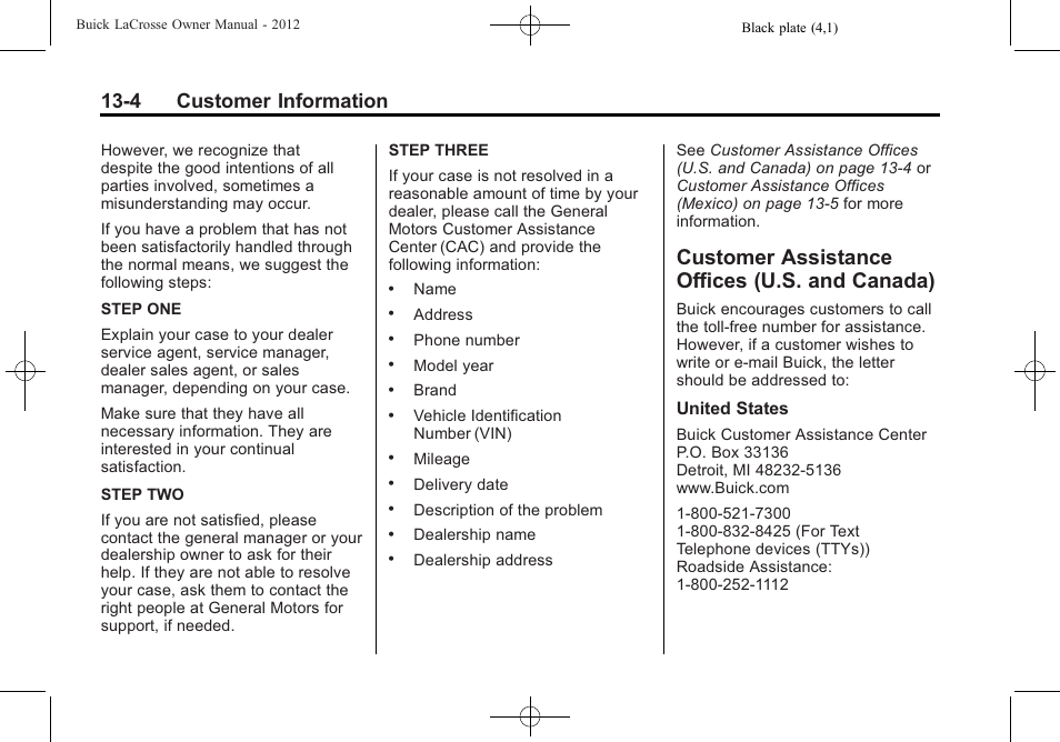 Customer assistance offices (u.s. and canada), Customer assistance offices, U.s. and canada) -4 | 4 customer information | Buick 2012 LaCrosse User Manual | Page 458 / 496