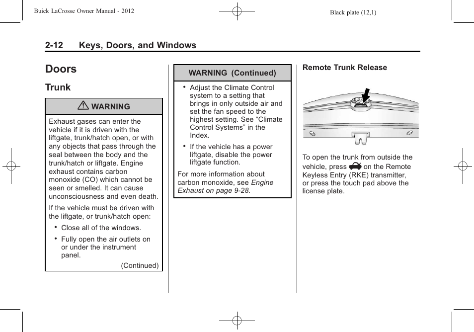Doors, Trunk, Doors -12 | Warning, Trunk -12, Manual | Buick 2012 LaCrosse User Manual | Page 46 / 496