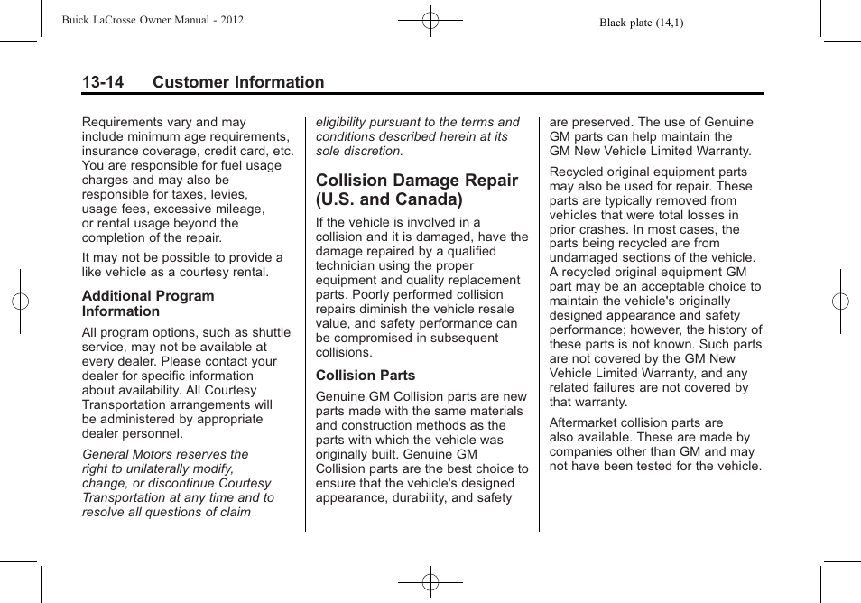 Collision damage repair (u.s. and canada), Collision damage repair, U.s. and canada) -14 | Procedure | Buick 2012 LaCrosse User Manual | Page 468 / 496