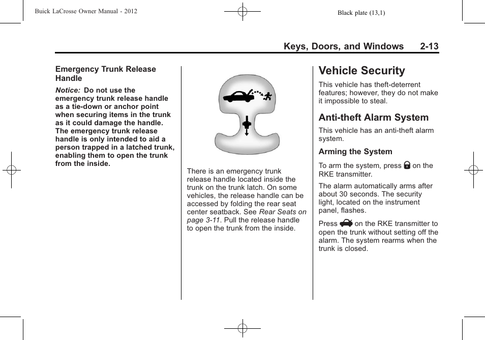 Vehicle security, Anti-theft alarm system, Vehicle security -13 | Vehicle security -13 anti-theft alarm system -13, Windows | Buick 2012 LaCrosse User Manual | Page 47 / 496