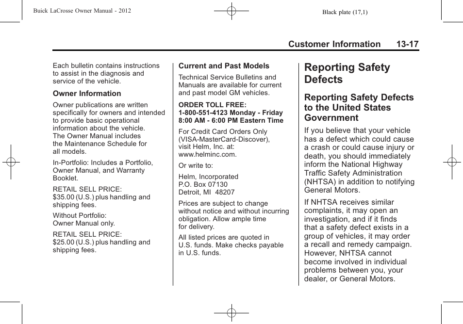 Reporting safety defects, Safety defects -17, Reporting safety defects to | The united states government -17 | Buick 2012 LaCrosse User Manual | Page 471 / 496
