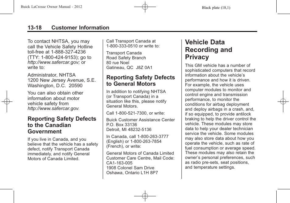Reporting safety defects to general motors, Vehicle data recording and privacy, Vehicle data recording | Privacy -18, Reporting safety defects to, Canadian government -18, Defects to, General motors -18, Vehicle data recording and | Buick 2012 LaCrosse User Manual | Page 472 / 496