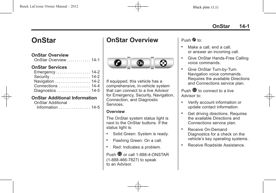 Onstar, Onstar overview, Onstar overview -1 | Onstar 14-1 | Buick 2012 LaCrosse User Manual | Page 475 / 496