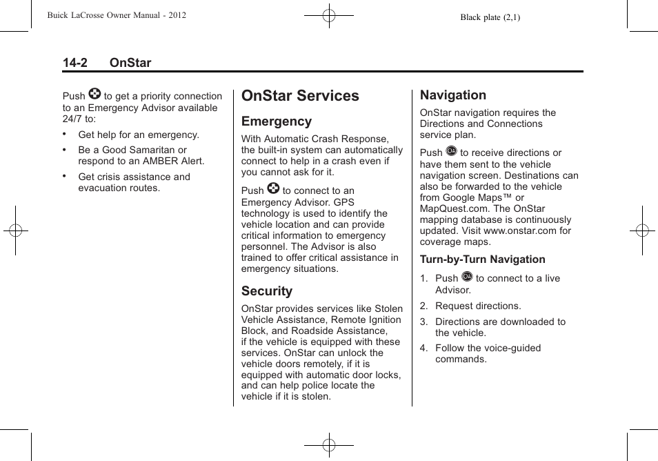 Onstar services, Emergency, Security | Navigation, Services -2, Emergency -2 security -2 navigation -2, If equipped | Buick 2012 LaCrosse User Manual | Page 476 / 496