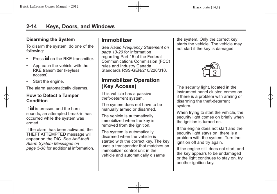 Immobilizer, Immobilizer operation (key access), Immobilizer -14 immobilizer operation | Key access) -14, 14 keys, doors, and windows | Buick 2012 LaCrosse User Manual | Page 48 / 496