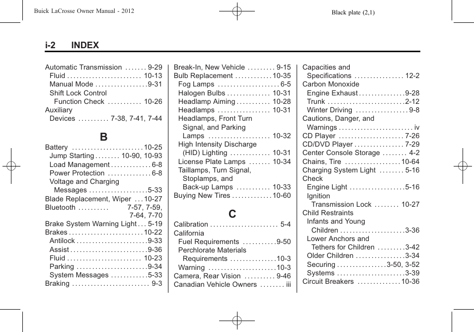 Index_b, Index_c, I-2 index | Buick 2012 LaCrosse User Manual | Page 484 / 496
