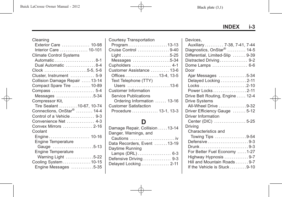 Index_d, Index i-3 | Buick 2012 LaCrosse User Manual | Page 485 / 496