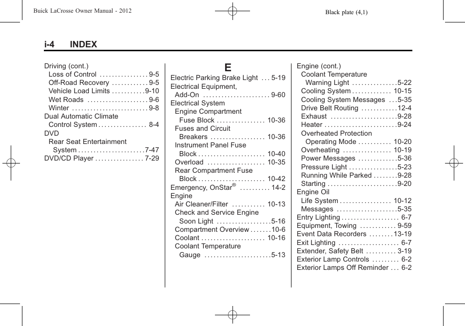 Index_e, I-4 index | Buick 2012 LaCrosse User Manual | Page 486 / 496